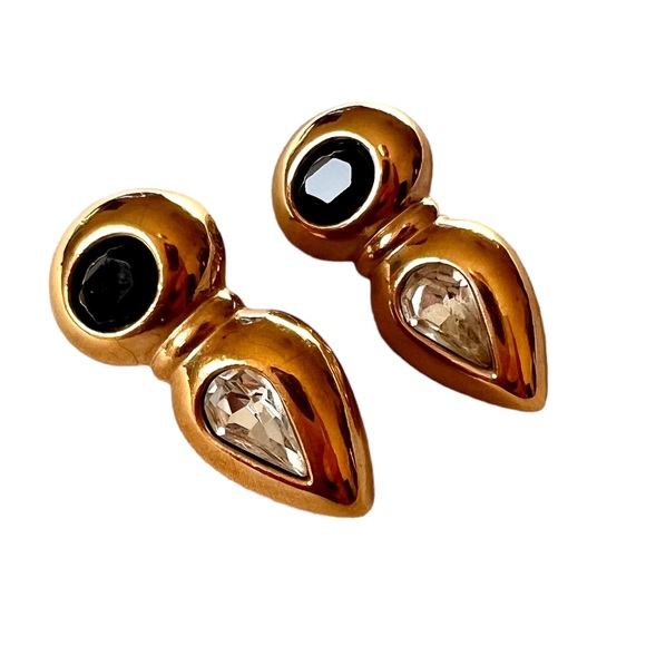 Vintage Swarovski Crystal SAL Gold Plated Earrings Black & Clear Crystals EUC - Picture 9 of 11